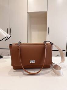New Simple Solid Color Large Capacity Briefcase, Korean Fashion Shoulder Casual Messenger Bag - Brown - View 9