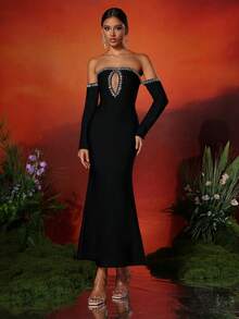 Love Aing 女士性感露肩长袖水钻鱼尾网眼拼接绷带派对优雅连衣裙、婚礼宾客礼服、舞会礼服 - 黑色 - 查看 3