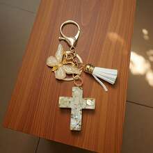 1 pieza Llavero de Cruz con Resina Druzy y Concha, Decoración con Borla de Mariposa, Regalo para Hombres Mujeres Accesorios para Coche y Bolso