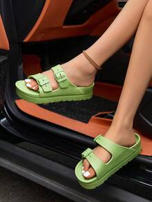 Nuevas sandalias con suela gruesa y elevada para mujeres, versátiles, de EVA, ligeras, cómodas, suaves, duraderas, con doble correa ajustable, ideales para el hogar, fiestas, playa y trabajo, con amortiguación de impactos - Verde - Ver 3