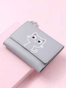 可爱卡通猫咪印花三折零钱包，纯色多卡位钱包，按扣式女童零钱包