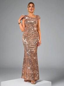 CHOSMO Đầm cưới đính sequin mới, đầm dạ hội ôm sát eo cao, đầm maxi xẻ tà cao hở lưng thanh lịch, đầm dự tiệc trang trọng, đầm dạ hội, thích hợp cho bữa tối trang trọng, tiệc cưới mùa xuân. - Rượu sâm banh - Xem 3