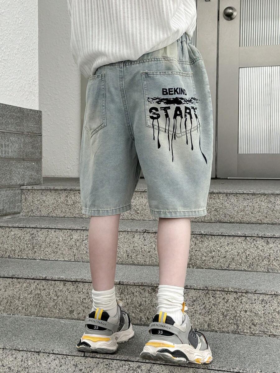 Boys' Loose Casual Denim 3/4 Pants, Summer - Baby Blue - View 1