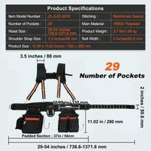Tool Belt With Suspenders 1680D Polyester, 29 Pockets, 29-54 Inches Adjustable Waist Size, Tool Belts For Men, Heavy Duty Carpenter Tool Pouch For Carpenters, Electricians, And Gardening, Black - Black - View 7