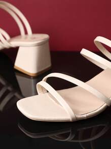 1pair Women's Beige Block Heel Slide Sandals, Soft PU Pull Strap Material Square Toe Dual-Color Rubber Non-Slip Sole, Fashionable Luxury High Heel House Slippers Suitable For Daily Casual, Vacation, Travel, Gathering, Beach Wear, Summer New