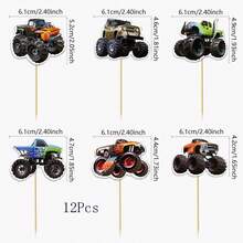 12/24/36pcs Monster Truck Cupcake Toppers, Truck Theme Birthday Party Decorations, Baby Shower Birthday Party Cake Decor Supplies - Multicolor - View 3