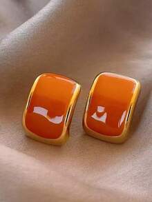 1 Pair European & American Classic Versatile Droplet Square Geometric Earrings, Retro Fashion Hong Kong Style Minimalist Design Statement Earrings - Orange - View 7