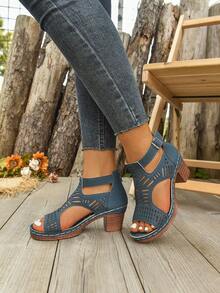 Sandalias de tacón alto con plataforma y diseño hueco para mujer de talla grande - Azul - Ver 4
