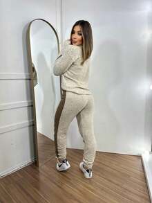 Conjunto Joguer Listra Super Confy Mousse  Areia com Listra Marrom Casual - bege - Visão 4