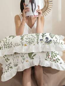 2pcs Set Floral Ruffle Print Pillow Case, Comfortable Breathable Soft Skin-Friendly, Machine Washable, Suitable For Dorm, Bedroom, Hotel, All Seasons Use - White - View 4