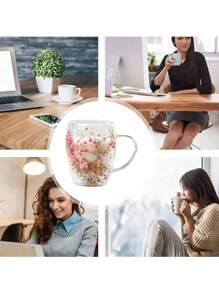 1pc Double-Layer Glass Coffee Cup With Dried Flowers, Insulated Heatproof Mug Suitable For Hot And Cold Drinks, Great For Iced Drinks, Sparkling Water, Fruit Tea, Juice And Latte - Ideal For Weddings, Parties