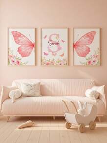 3pcs Frameless Personalized Custom Name Wall Art, Elegant Butterfly And Floral Design Canvas Prints, Customizable Kids Room Decor, Nursery Art, Aesthetic Pink Wall Posters, Unique Gift For Girls, Perfect For Birthdays,Multi-Functional,Ornamental,Letter,Stylish,Modern,Colorful,Cute,Adorable,Casual,Custom,Personalised,Unique,Customized,Ideal Gifts For Him,Ideal Gifts For Her