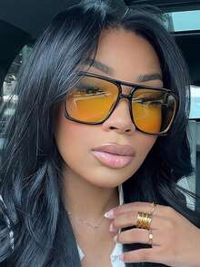 1 Set Retro Candy Color Square Stylish Glasses, New Fashion Gradient Yellow Lightweight Glasses, Elegant Basic Fashion Glasses For Women, Plastic Frames, For Business, Casual, Gift, Autumn/Winter For Summer Beach Vacation,Outdoor,Travel