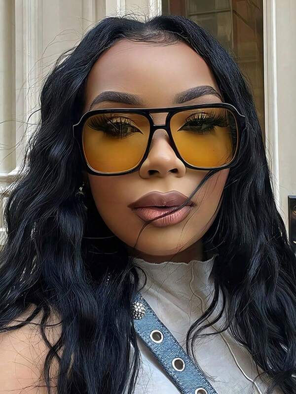 1 Set Retro Candy Color Square Stylish Glasses, New Fashion Gradient Yellow Lightweight Glasses, Elegant Basic Fashion Glasses For Women, Plastic Frames, For Business, Casual, Gift, Autumn/Winter For Summer Beach Vacation,Outdoor,Travel