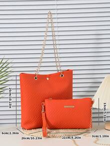 2pcs/Set Wave Embossed Tote Bag With Detachable Chain Strap Shoulder Bag, Minimalist Luxury Style For Work & Leisure - Orange - View 7