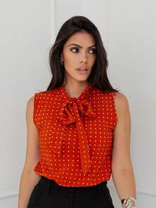 Women's Polka Dot Tank Top With Bow Collar And Crepe Fabric - 珊瑚橙 - 查看 1