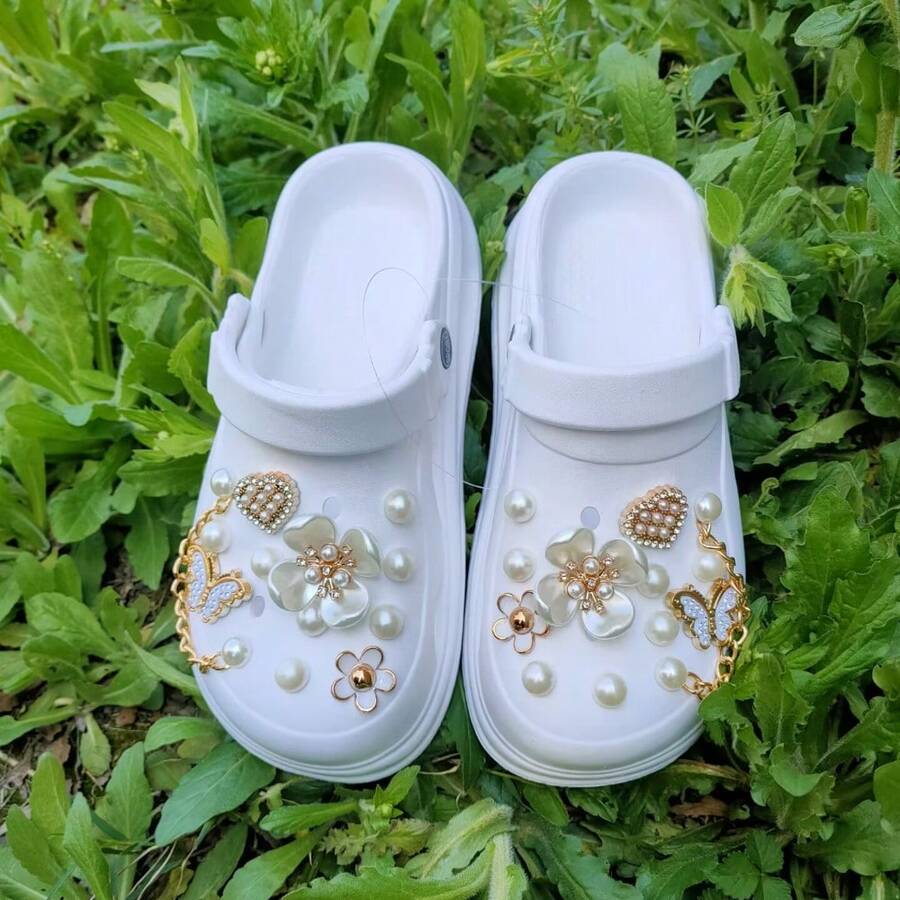 新款女士厚底镂空凉鞋，夏季户外舒适封闭式趾套鞋，带后绑带，白色，附赠一套鞋饰