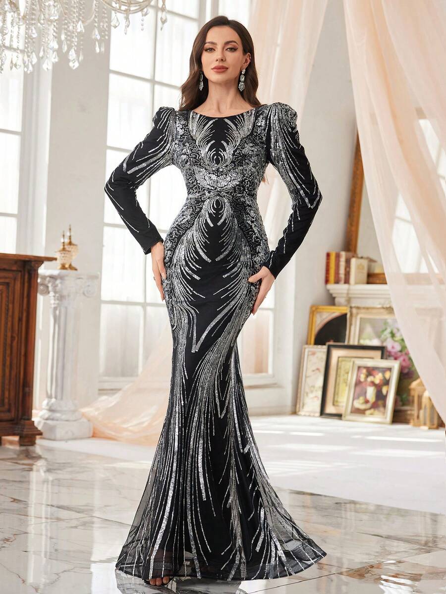 UNITHORSE [随机剪裁] 女士闪亮亮片圆领蝴蝶袖露背美人鱼晚会礼服，正式礼服，适合婚礼宾客 - 銀色 - 查看 1