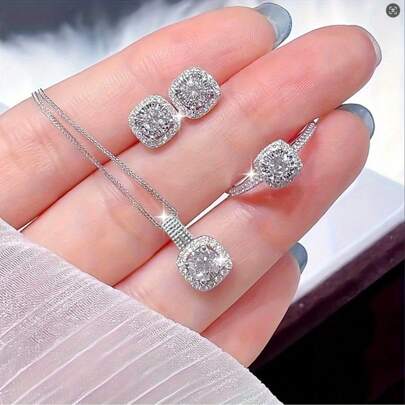 4 pièces/Ensemble de bijoux en zircone cubique élégant | Collier, boucles d'oreilles et bague de luxe pour femme | Cadeau parfait pour une tenue élégante quotidienne | Un charme étincelant irrésistible pour faire briller vos accessoires!