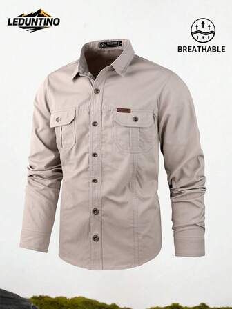 LEDUNTINO [Primavera/Verano] Camisa casual con botones de moda para hombre para uso al aire libre, verde sólido, deportiva, de cargo, regalo para novio, camisa de manga larga para hombre de primavera y otoño, multicolor, de doble bolsillo, con cuello, ropa de primavera y otoño