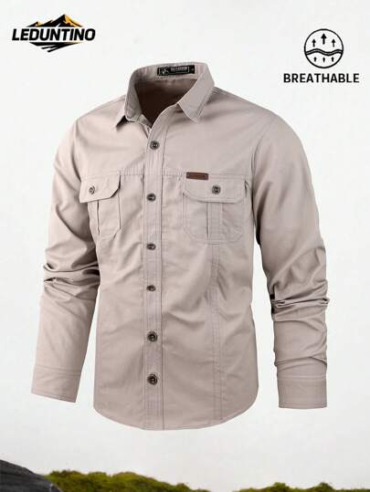 LEDUNTINO [Primavera/Verano] Camisa casual con botones de moda para hombre para uso al aire libre, verde sólido, deportiva, de cargo, regalo para novio, camisa de manga larga para hombre de primavera y otoño, multicolor, de doble bolsillo, con cuello, ropa de primavera y otoño