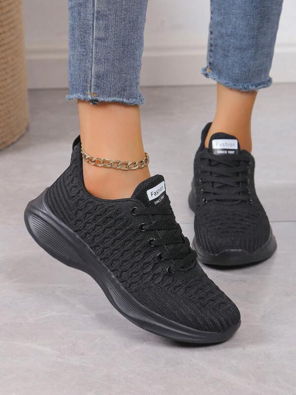 Damen Sneaker in Unifarbe mit Fischschuppen-Textur Dekoration, Schnürung vorne, atmungsaktive rutschfeste Laufschuhe