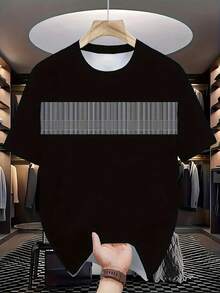 两件套加大码男士休闲运动套装，黑色格子T恤上衣+短裤，轻便透气，适合旅行，可作为礼物送给男友或父亲