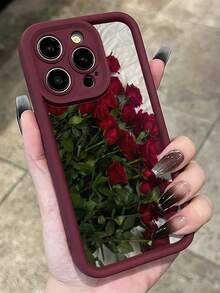 花朵 1 件装酒红色浪漫玫瑰图案全覆盖 TPU 防摔手机壳适用于 Apple 16、15、14、13、12、11 Pro Max 及系列 - 彩色 - 查看 4