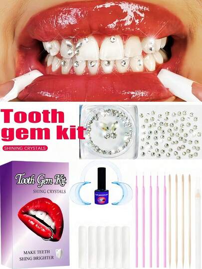 220pcs Self-Adhesive Super Shiny Tooth Gems DIY Jewelry Kit With Tools, Removable & Installable Butterfly Tooth Decor, Crystal White Rhinestone Flat Round Asymmetrical Shape, Fashionable Shiny Tooth Jewelry For Y2K , Sturdy & Reliable In Box, Suitable For Dental Decoration, Bars, KTV, Parties, Holidays, Halloween