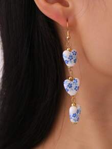 1 Pair Vintage Handpainted Blue And White Porcelain Beaded Earrings, Elegant Dangle Earrings For Women