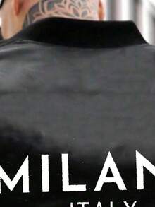 Plus Size Men's Jacket, Spring & Autumn, Letter Print Casual Baseball Uniform, Long Sleeve Zip Up Baseball Collar Jacket, Plus Size For Tall Men - Black - View 3