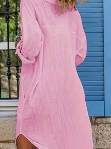 Solid Color Elegant Bohemian Woven Fabric Pocket Button Front Long Sleeve Casual Dress, Spring/Summer