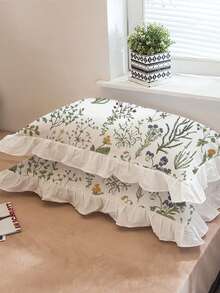 2pcs Set Floral Ruffle Print Pillow Case, Comfortable Breathable Soft Skin-Friendly, Machine Washable, Suitable For Dorm, Bedroom, Hotel, All Seasons Use - White - View 2