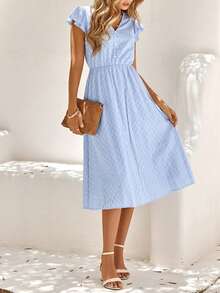 Women's Elegant V-Neck Cap Sleeve Button Front A-Line Midi Dress, Textured White Office/Vacation Dress - Blue - View 3