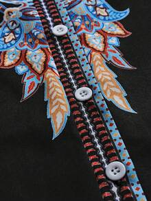 Women's Bohemian Style Printed Shirt Collar Vacation, Elegant Women's Apparel, Festival Clothing, Turndown Collar Cardigan Long Sleeve Blouse - Black - View 4