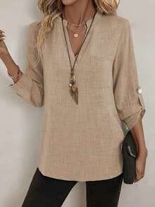 Blusa elegante y casual con bolsillo y cuello en V para mujer - Caqui - Ver 4