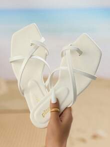 planare Women's Fashion Casual Minimalist Resort-Style Strap Square Toe Slip-On Comfortable Summer White Sandals, Suitable For Casual, Party, Date, Daily Commute Matching, Stable And Comfortable Wear, Women Flat Sandals