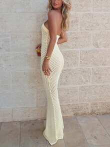 夏季性感镂空系带V领针织连衣裙，适合海滩度假 - 黃色 - 查看 2