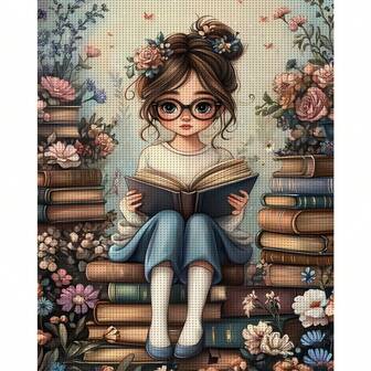 [JOZYSH]1 pieza, Chica leyendo, Pintura de decoración para sala de estar y dormitorio, Kit de materiales de Punto de Cruz 11CT/14CT, Ideal para decoración de pared en dormitorio y sala de estar, Incluye dibujo impreso, tela bordada, hilo, aguja e instrucciones, 30*40cm/11.8*15.7in, 40*50cm/15.7*19.7in