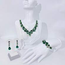 1 Set Luxury Elegant Earrings, Necklace And Bracelet Jewelry Set For Women, Inlaid With Artificial Gemstones, Suitable For Brides, Wedding, Banquets, And Parties - Green - View 2