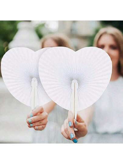 White Folding Hand Fan, Foldable Hand Fan, Party Fan - Wedding Paper Fan, Wedding Decoration Heart Accordion Fan (Round And Heart Mixed)