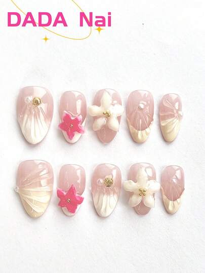 10片纯手工按压式可穿戴指甲，可穿戴指甲，杏仁形指甲，渐变设计，法式设计，可穿戴指甲，立体花朵设计。简约白色指甲，酷炫风格，甜美风格，卡通风格，Y2K优雅奢华风格美甲用品