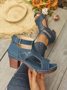 Sandalias de tacón alto con plataforma y diseño hueco para mujer de talla grande - Azul - Ver 6