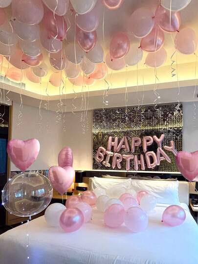 62 件粉色女士生日派对装饰品 | 生日快乐横幅 + 铝箔心形气球 | 加厚乳胶气球墙面装饰 | 仙女派对、成人礼物/闺蜜生日/求婚摄影背景