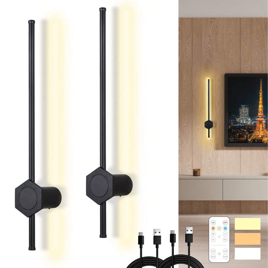 Daoteper Battery Operated Wall Sconces Of 2, Remote Control & Touch Button, 350°Rotate Dimmable Timer Wall Lights, Rechargeable LED Wireless Wall Lamp Fixture For Living Room Hallway Bedroom - Black(3 Color) - 查看 1