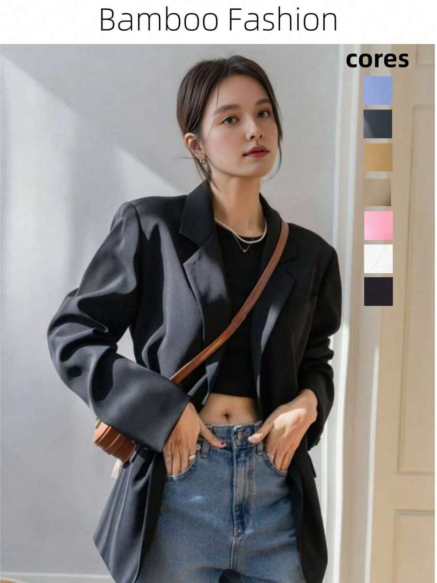 Bamboo Fashion Tailored Blazer With Lining Button Women's Elegant Business Coat New Collection Short Blazer Apricot Corduroy For Women,Chic Design,Spring Fall 2025New Arrival Popular Suit - 黑色1 - 查看 1