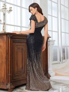【随机裁剪】女士不对称领口渐变亮片闪亮晚礼服，适合新娘、生日派对、毕业典礼、正式场合、学生制服等。 - 黑色 - 查看 3