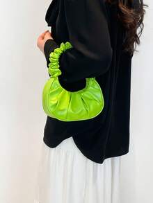 迷你时尚纯色褶皱手提包多用途女士手拿包 - 綠色 - 查看 6