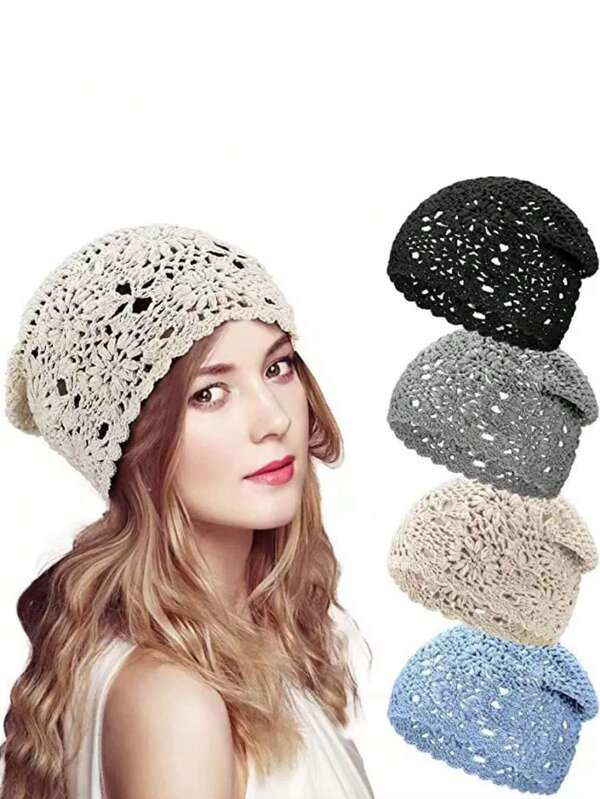 Gorro vintage de punto hueco y transpirable con flores de perlas bordadas, gorro elegante de calavera para mujer
