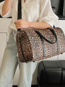 女士豹纹动物手提包单肩包，大容量旅行包，适合短途旅行、商务、旅游、行李箱套，轻便学生健身运动包，学校包，学校配件，学校用品 - 卡其色 - 查看 10